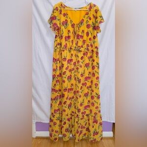 M by Marled Yellow Floral Print Short Sleeve V Neck Maxi Dress size large